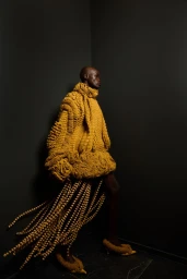 Model wearing a heavily textured mustard knit turtleneck sweater and matching shoes in a dark corner.