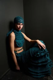 Model seated against a dark corner wearing a teal crocheted matching set and matching head covering