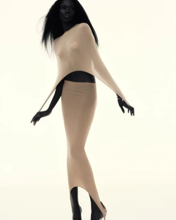 A Black female fashion model poses in a light tan, sheer, fitted dress against a white backdrop in a studio shot with minimalist lighting.