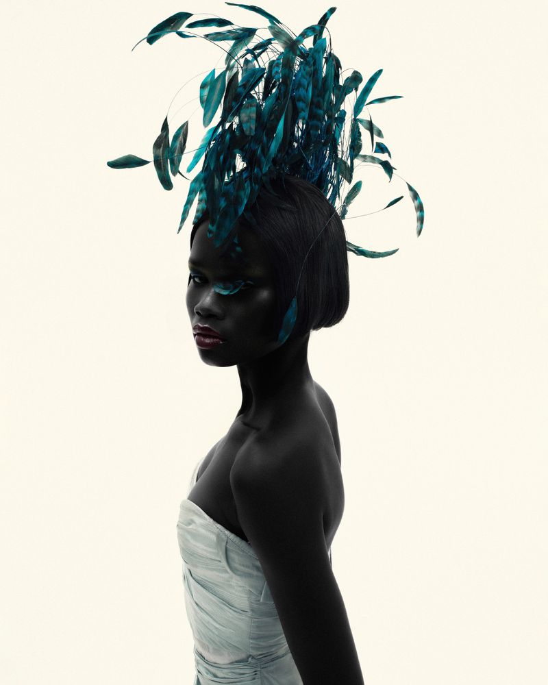 Elegant side-profile portrait of an African American woman with dark skin, wearing a light blue dress and a decorative feathered headpiece.