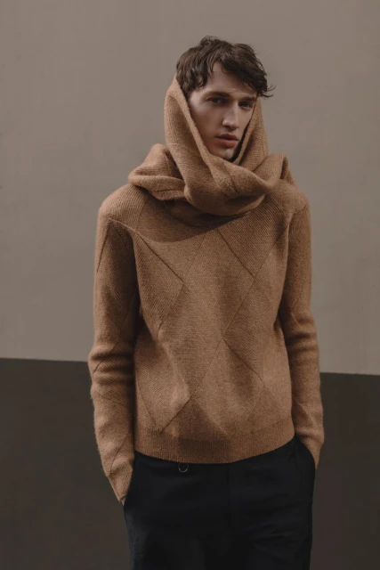 Portrait of a male fashion model in a brown sweater with a scarf-like hood, standing against a neutral background in soft, diffused lighting.