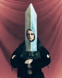 Woman wearing a large sculptural sword headdress with her face visible through a circular cutout, holding the hilt.