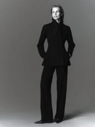 Model Niki Taylor standing in a black suit against a solid grey studio backdrop for a Harper's Bazaar Australia editorial.