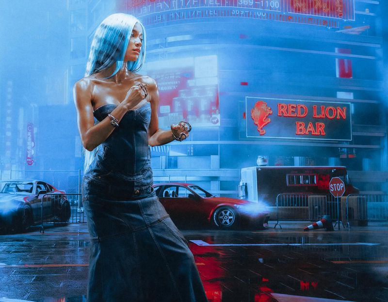 Blue-haired woman in denim dress standing on wet street in neon-lit city at night with sports cars, stop sign, and bar signage.
