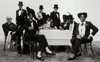 Group of Black men in formal suits and top hats gathered around a draped dining table in a monochrome portrait.