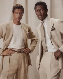 Two men wearing beige suits and white shirts posing against a neutral draped backdrop for Ralph Lauren Purple Label