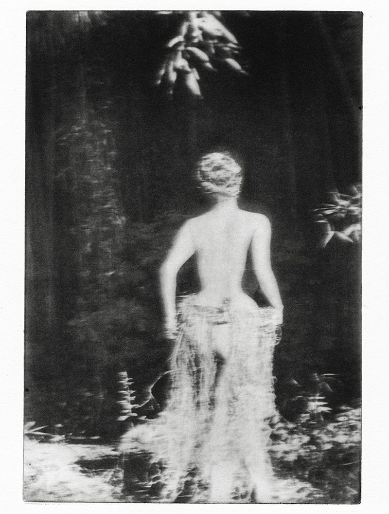 Monochrome photo of nude woman with flowing cloth, standing in a forest, shot from behind with a soft focus in a vintage style.