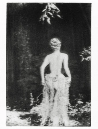 Monochrome photo of nude woman with flowing cloth, standing in a forest, shot from behind with a soft focus in a vintage style.