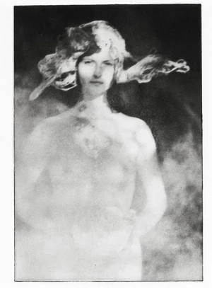 Monochrome portrait of a woman with windblown hair captured in a grainy, atmospheric style against a dark background.
