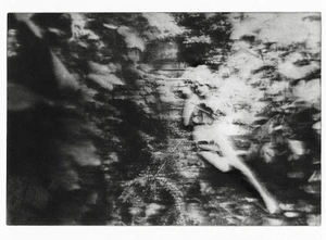 Monochrome photographic image featuring a figure in a heavily textured forest setting with visible motion blur and soft lighting.