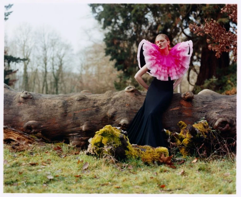 Adult woman wearing a ruffled pink collar and black dress poses on a fallen tree trunk in a forest setting with green grass and trees.