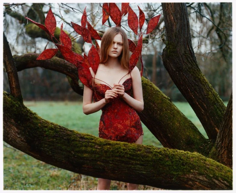 Fashion shot of a slender woman in a red dress, standing among mossy tree branches, wearing decorative red leaf shoulder accents.