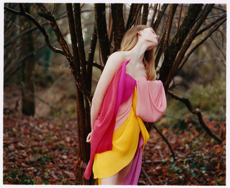 Woman draped in colorful fabric poses in a forest. The light is soft and diffused, highlighting the fabric's texture and the natural background.