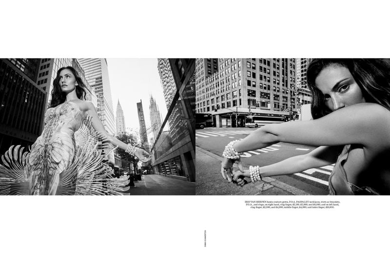 Black-and-white fashion shot of a woman in a dress on a city street, buildings visible; close up of a woman's face and arms with bracelets.