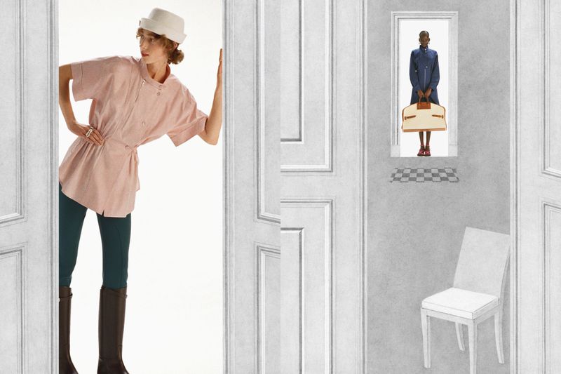 Fashion editorial shot of a woman in a pink shirt, green leggings, and boots, framed by a white doorway with a secondary figure in the distance.