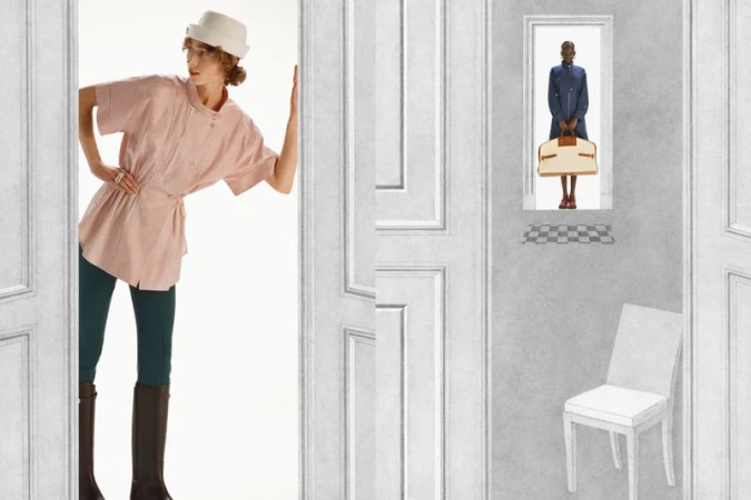 Fashion editorial shot of a woman in a pink shirt, green leggings, and boots, framed by a white doorway with a secondary figure in the distance.
