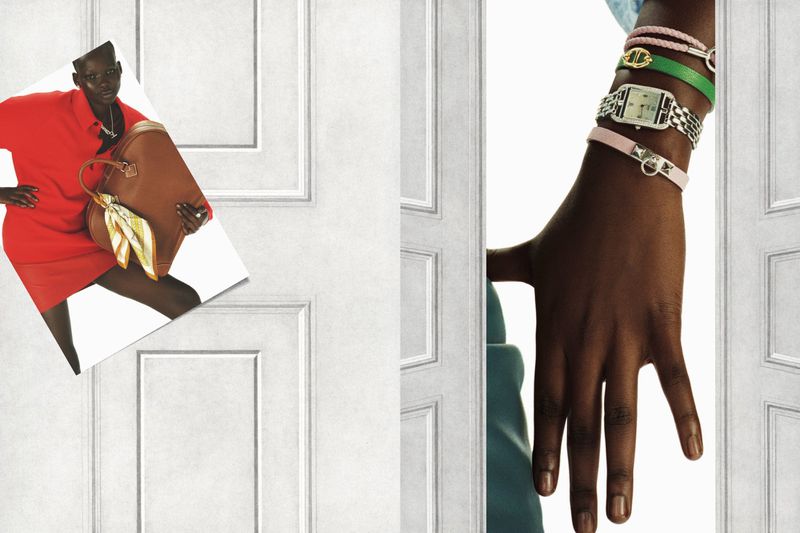 Collage-style fashion shot of a Black female model in a red dress carrying a brown purse, juxtaposed with a hand wearing bracelets and a watch.