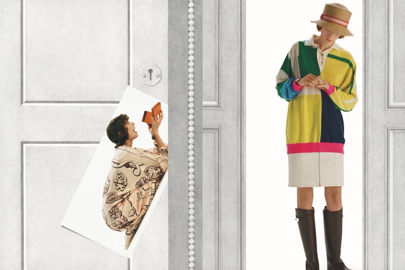 Collage of women in clothing and accessories on white backgrounds, creating a whimsical and fashion-forward image with door elements.