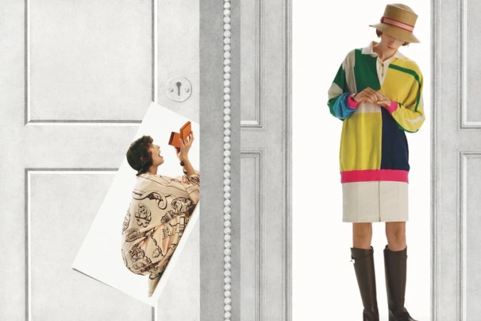 Collage of women in clothing and accessories on white backgrounds, creating a whimsical and fashion-forward image with door elements.