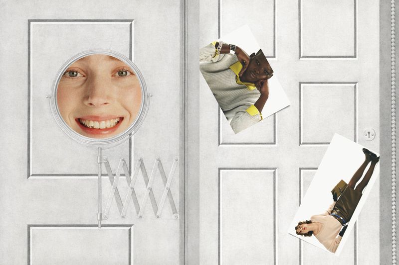 Conceptual photo features a woman's face in a mirror reflecting from a white door with collaged photos of people creating a playful atmosphere.