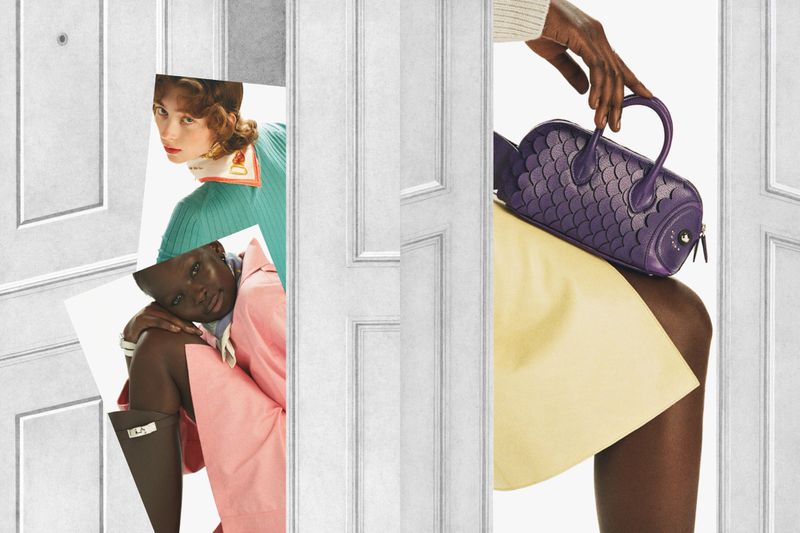 Fashion editorial shot through doorways of two adult models wearing designer clothing with a purple handbag and brown boots on a white background.
