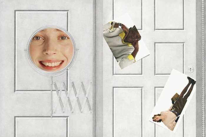 Close-up collage featuring a woman's smiling face reflected in a round wall mirror mounted on a white paneled door with two attached photos.
