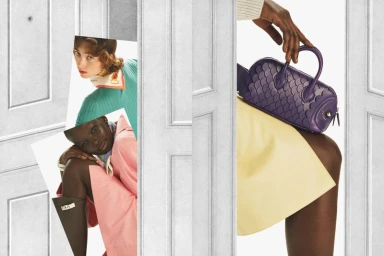 Collage style fashion image featuring models posing with Hermes accessories framed by architectural white door panels