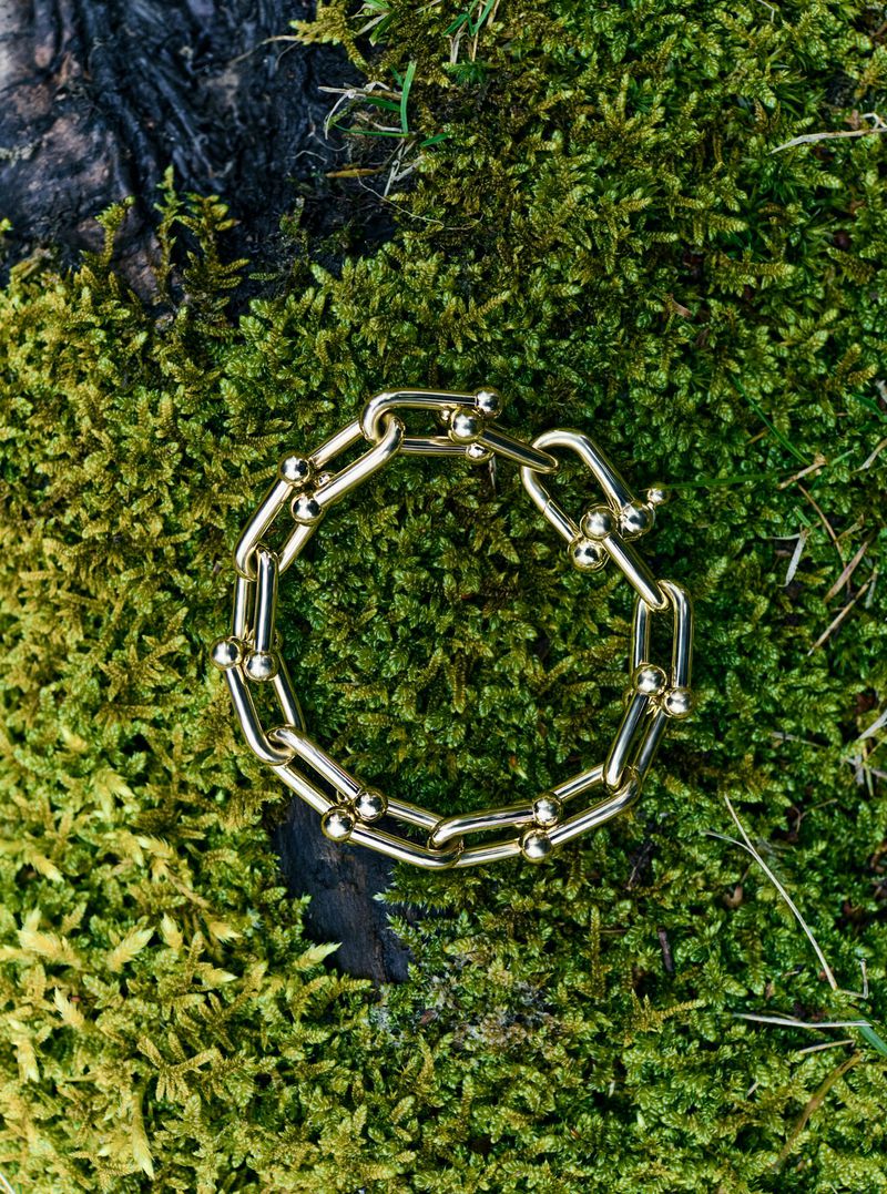 Close-up shot of a gold chain-link bracelet with ball details, displayed on green moss against a dark tree trunk for a nature-inspired aesthetic.