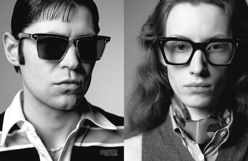 Black and white diptych: two adults wearing eyeglasses, featuring diverse styles, fashion apparel, and indoor photo studio backdrop.
