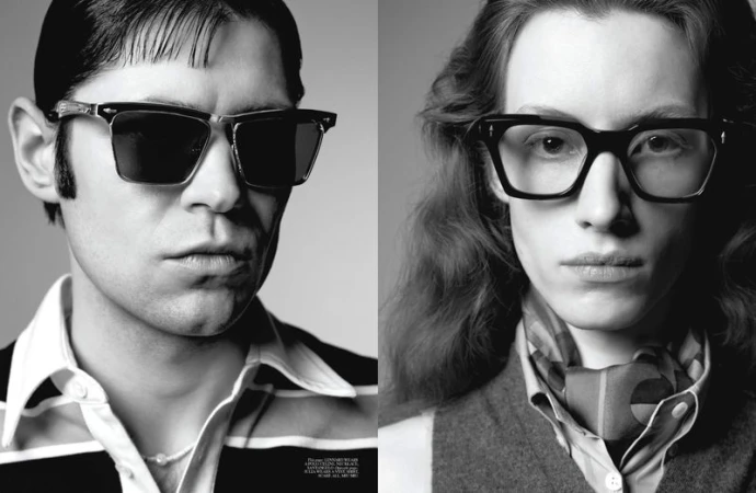 Black and white diptych: two adults wearing eyeglasses, featuring diverse styles, fashion apparel, and indoor photo studio backdrop.