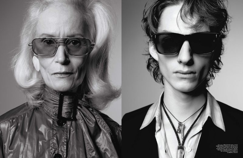 Black and white portrait of an adult male and an elderly female both wearing sunglasses looking directly at the camera.