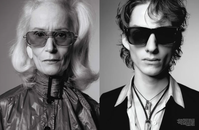 Black and white portrait of an adult male and an elderly female both wearing sunglasses looking directly at the camera.