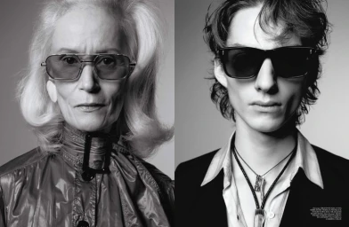 Monochrome portrait diptych of an older woman with voluminous hair wearing sunglasses and a younger man wearing dark sunglasses.