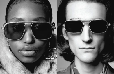 Close-up black and white portraits of two models wearing metallic sunglasses and designer fashion for Self Service.