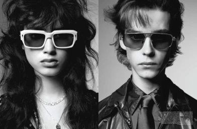 Close-up monochrome portraits of a woman in white sunglasses and a man in tinted aviators for Self Service