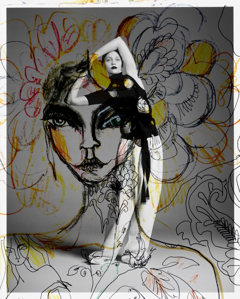 Woman in a short black dress poses against a white background layered with colorful floral illustrations and a drawing of a face.