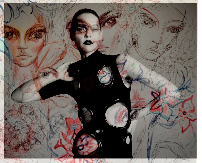 Fashion portrait of a model in a black dress with cutouts, posing against a background of flower and face art illustrations.