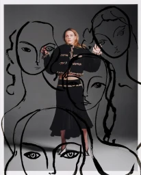 Model Sasha Pivovarova in a dark textured outfit overlaid with bold black line drawings of faces for an editorial feature.