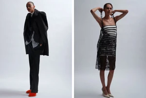 Two fashion models posing against a white studio background in editorial attire including a black coat and sheer lace dress