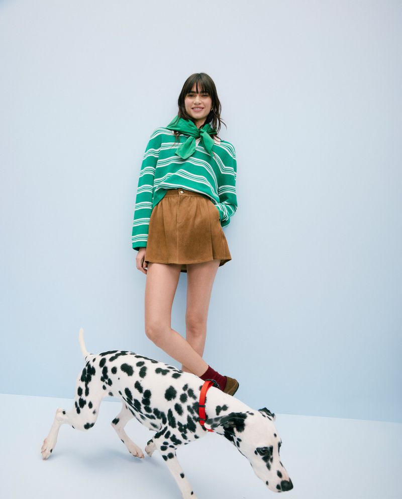 Woman in striped sweater with a Dalmatian dog in a studio setting. The dog is in motion, with the woman standing above.