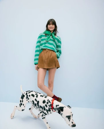 Woman in striped sweater with a Dalmatian dog in a studio setting. The dog is in motion, with the woman standing above.
