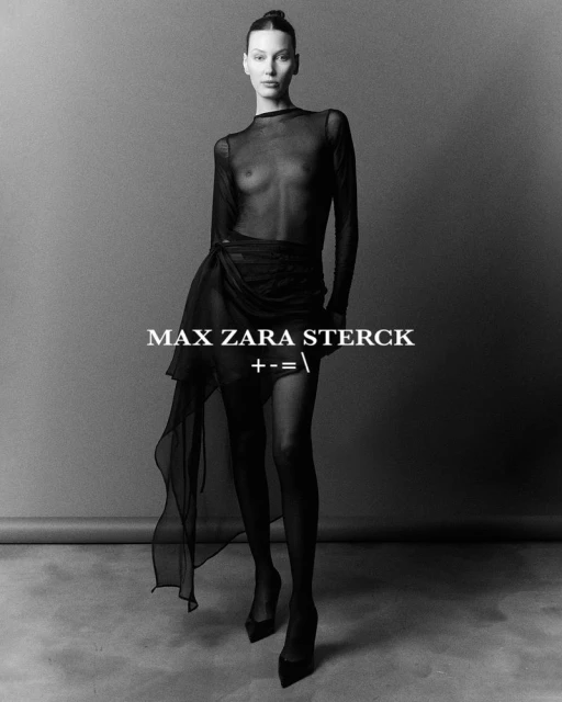 A slender woman poses in a sheer black top and skirt against a grey backdrop, highlighted by stark monochrome lighting and fashion-forward attire.