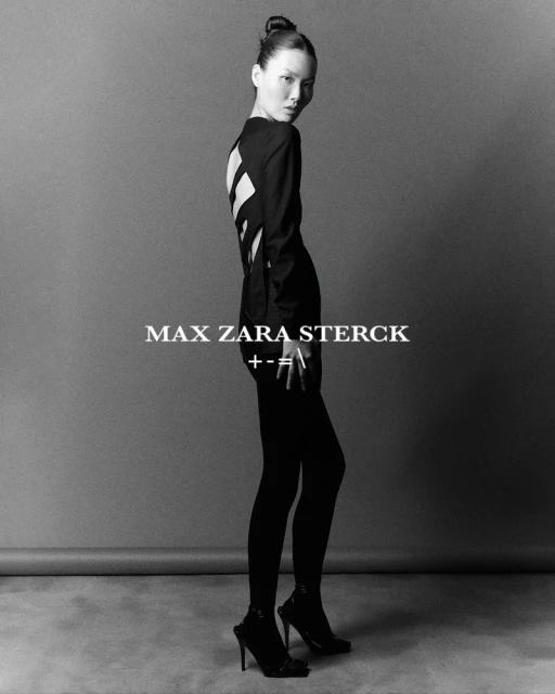 Fashion editorial shot in black and white featuring a woman in a black dress and heels against a gray backdrop, with text overlay.