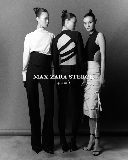 Black and white fashion shot of three adult women with updo hairstyles, wearing fashionable outfits in a neutral studio setting.