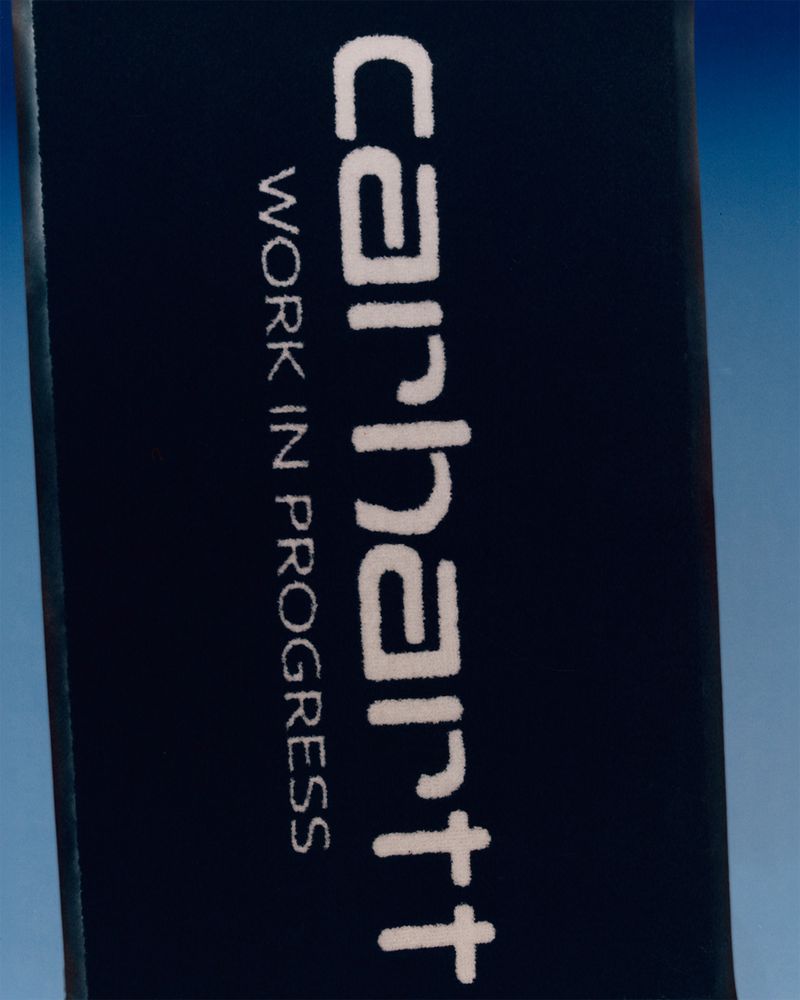 Close-up of a dark blue sign with white text reading 'carhartt WORK IN PROGRESS' against a blurred light blue background.