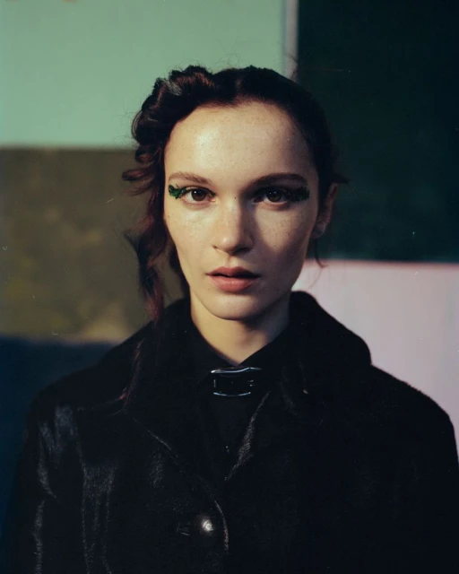 Portrait of a woman with green eye makeup wearing a dark coat, set against a backdrop of muted green and brown colors.