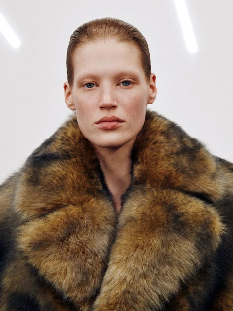 Close-up portrait of a light-skinned adult woman wearing a brown fur coat against a white background with bright fluorescent lighting.