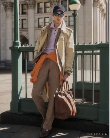 Stylish man in trench coat, baseball cap, and sunglasses poses in front of a building with an urban street lamp fixture.