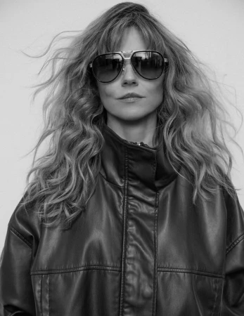 Portrait of Linda Cardellini wearing dark aviator sunglasses and a black leather jacket against a neutral background.