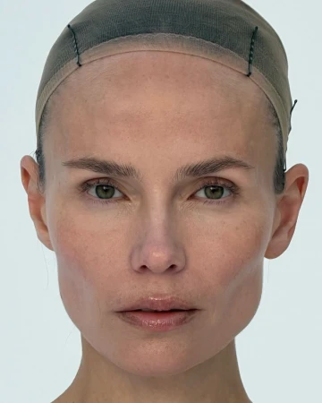 Close-up portrait of a fair-skinned woman with green eyes wearing a hair cap, against a bright white background, focusing on facial features.